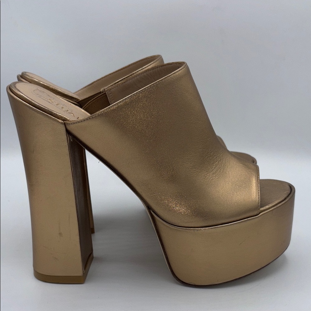 Stuart Weitzman Metallic Gold Mules SKYHIGH 145 Platform Slide Sandal Size 9 - Picture 3 of 13
